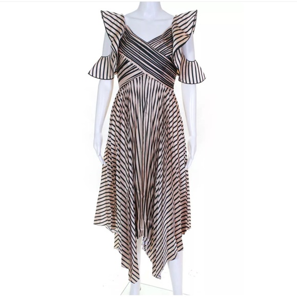 Self Portrait Nude Stripe Pleated Ruffle Sleeve MIDI Dress NWT $440 6 - Picture 5 of 13